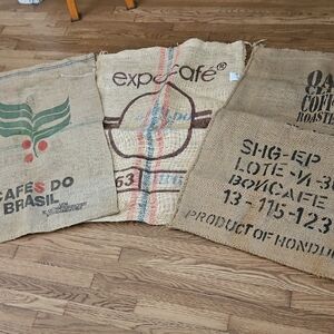 Set of 3 Vintage Coffee Burlap Sacks wit Printed Logos